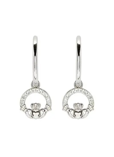 Sterling Silver Claddagh Hoop Earrings with White Cubic Zirconia